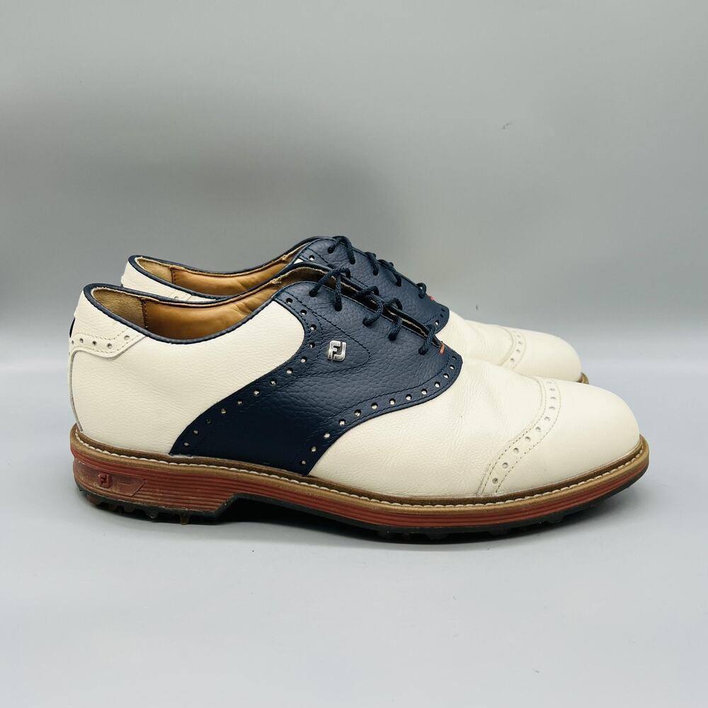 FootJoy Shoes Mens 9.5 White Navy Leather DryJoys Premiere Spiked Wilcox Golf